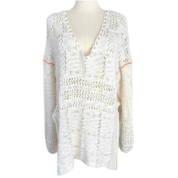 Free People White Sweater Crochet Chunky Knit Oversized Cottagecore Boho Hippie - Picture 2 of 16